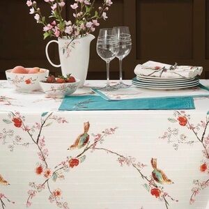 Lenox Tablecloth Chirp Cotton Blend 59 x 79 Birds Floral Stripe Rectangle White